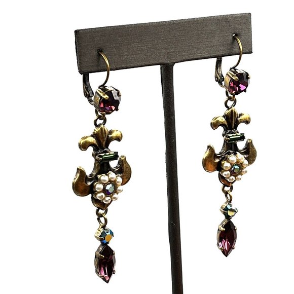 Signed AVGAD ISRAEL Victorian Revival Crystal Pearl Pierced Earrings 3" - Picture 2 of 9